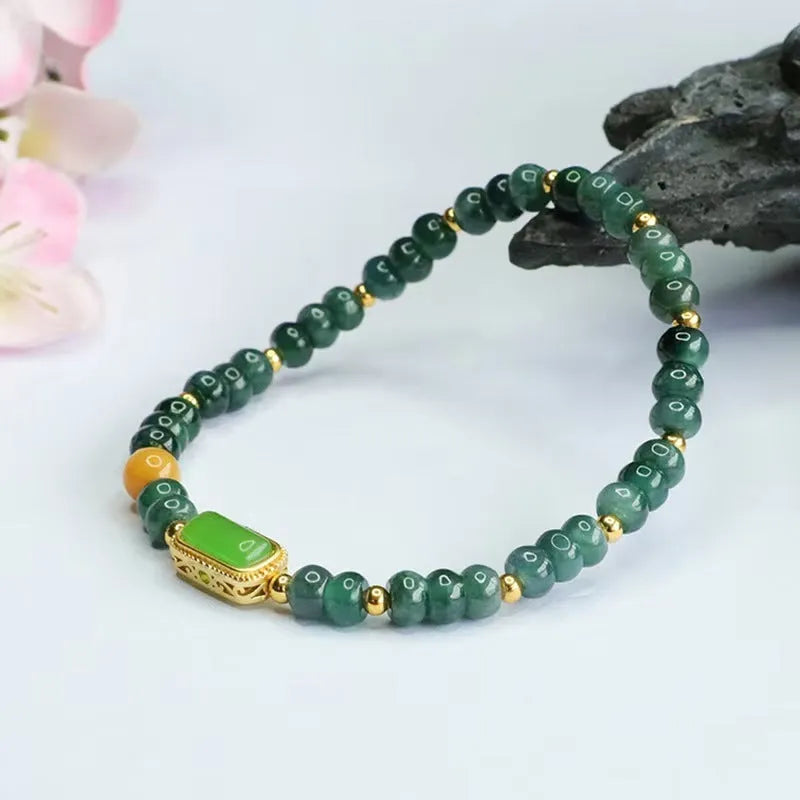 Natural stone blue water jade beaded bracelet with geometric jasper and topaz stones