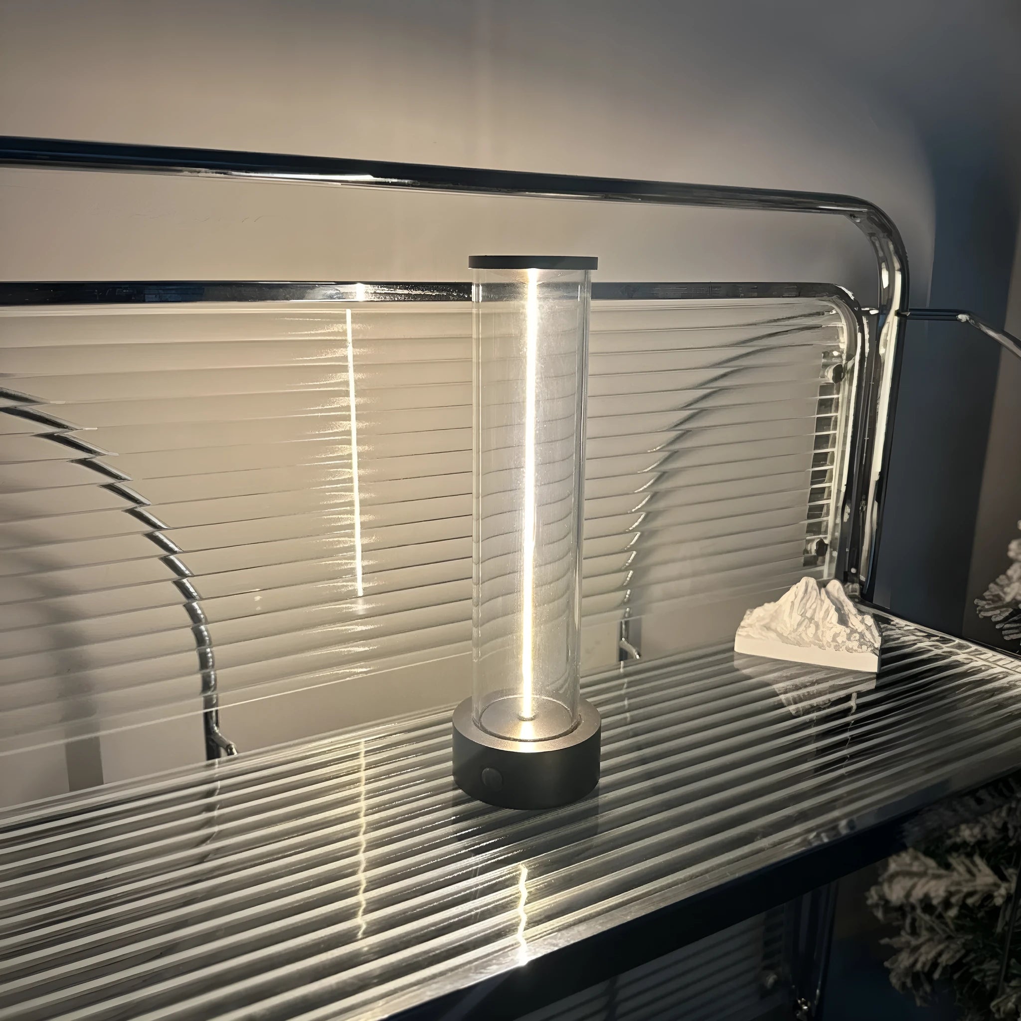 Slender glass LED night light strip with magnetic base, dimensions 53mm by 234mm