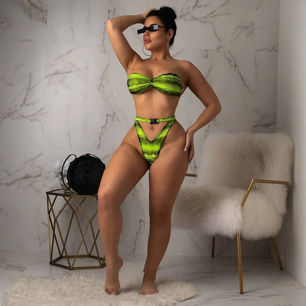 Women's snakeskin print three-piece bikini set with long sleeve top and short pants