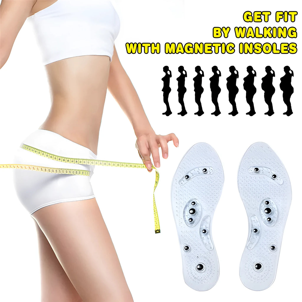 Transparent magnetic massage insole with silicone elastomer, visible magnets and massage nubs, on white background