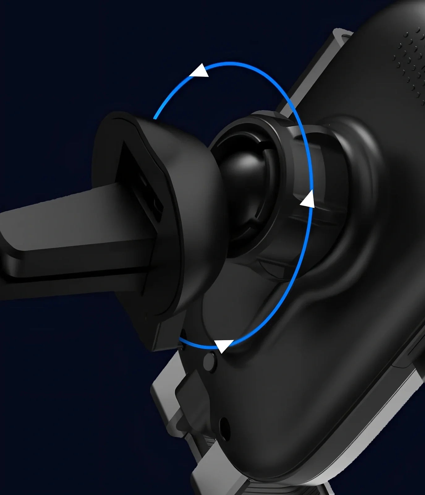 Black sucker car phone holder mounted on dashboard with phone clamped, showing suction base and USB cable, 12cm height