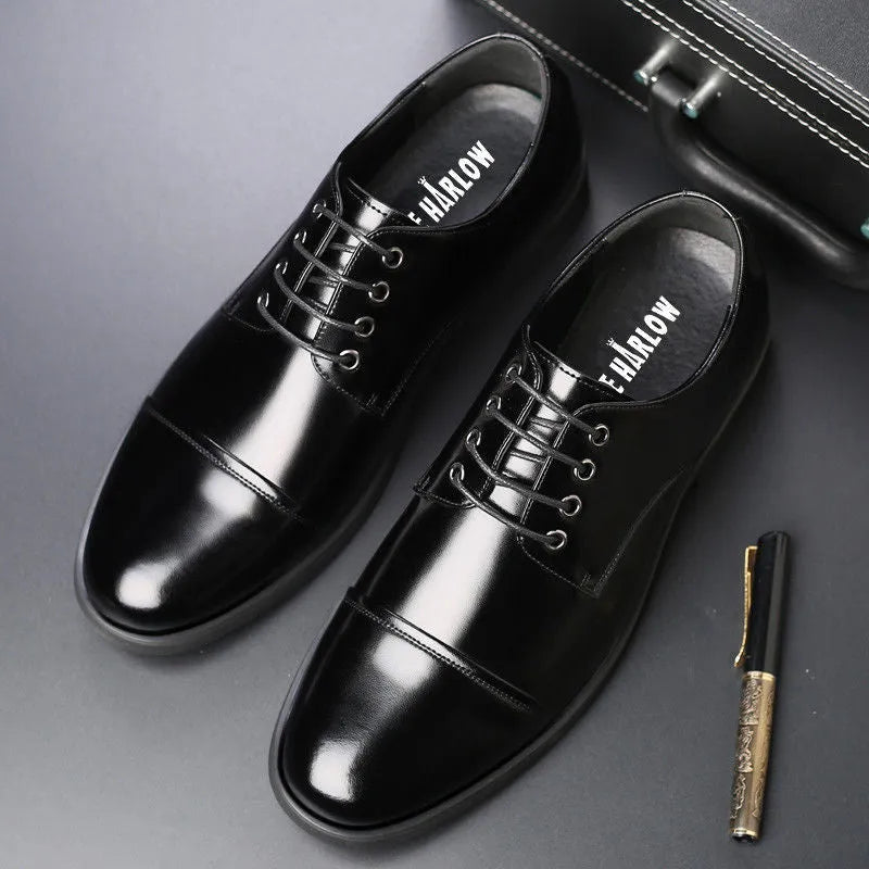 Men's genuine leather height increasing business shoes, JH001 Black, low-top round toe with sewing thread detailing