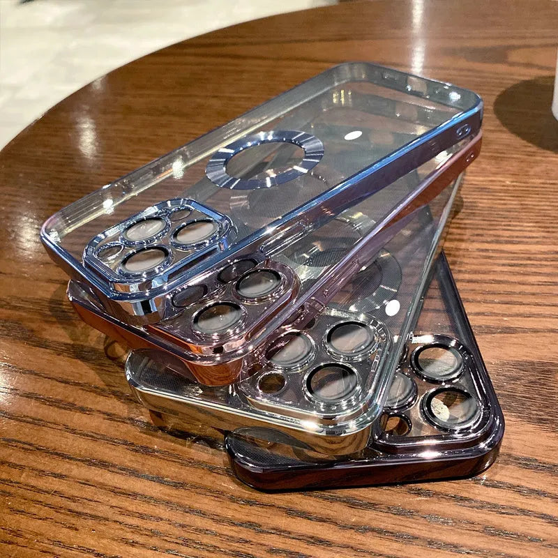 Transparent silicone iPhone case with electroplating camera protector showing far peak blue colour option