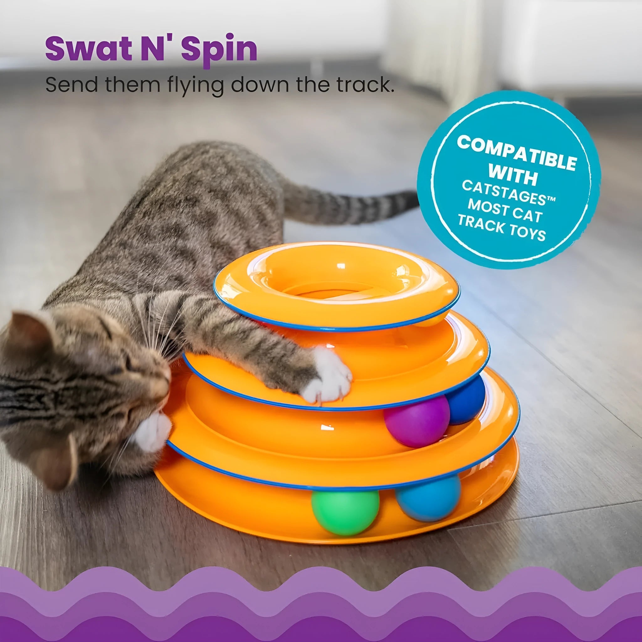 Catstages Tower Of Tracks interactive 3-tier cat track toy with spinning balls in orange