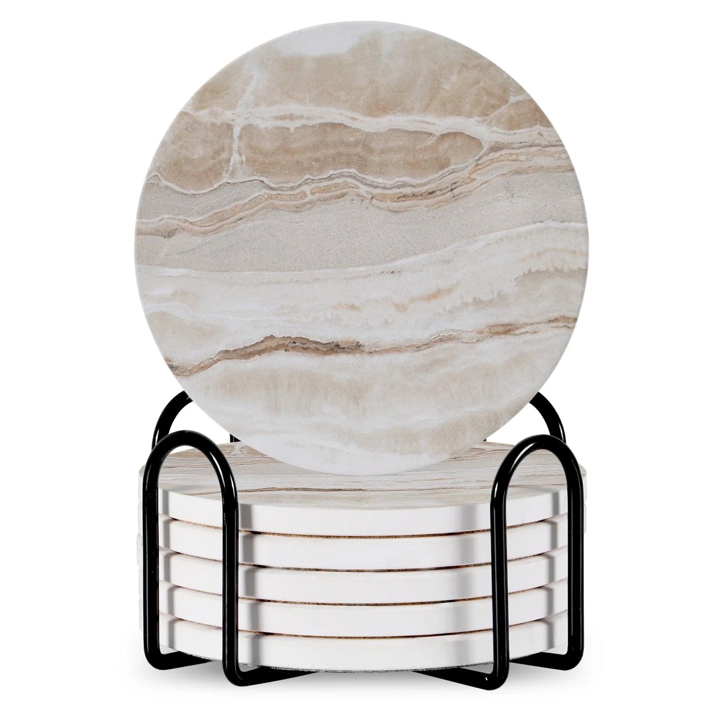 Set of 6 round ceramic coasters with metal stands and cork bases on a wooden table