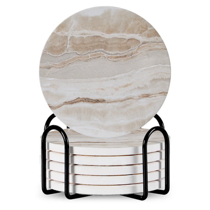 Set of 6 round ceramic coasters with metal stands and cork bases on a wooden table