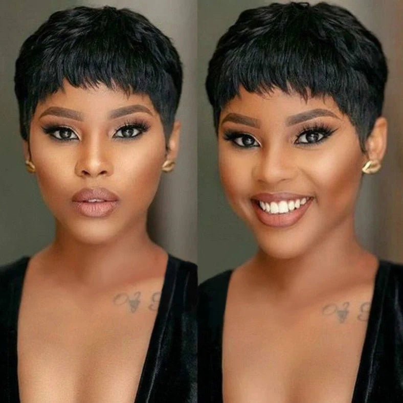 Black short hair mechanism wig on display stand showing synthetic fibre texture and cap construction