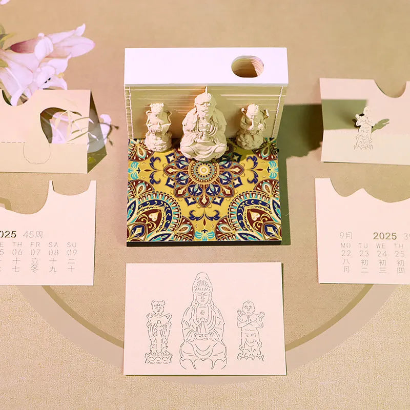 3D paper carving calendar 2026 showing Guanyin Bodhisattva and Sends Wealth Boy in seated lotus design, retro style