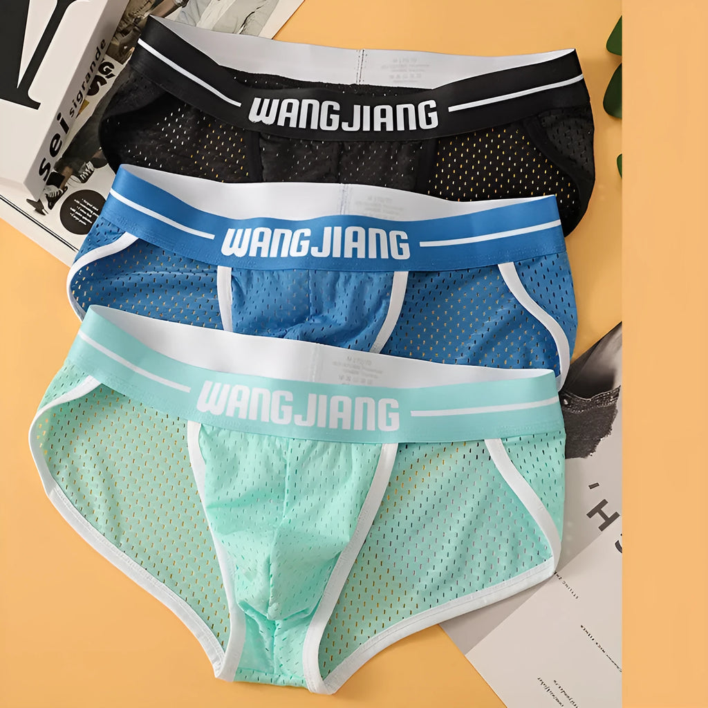Men's black Ice Silk mesh triangle underwear briefs laid flat, showing breathable fabric texture.