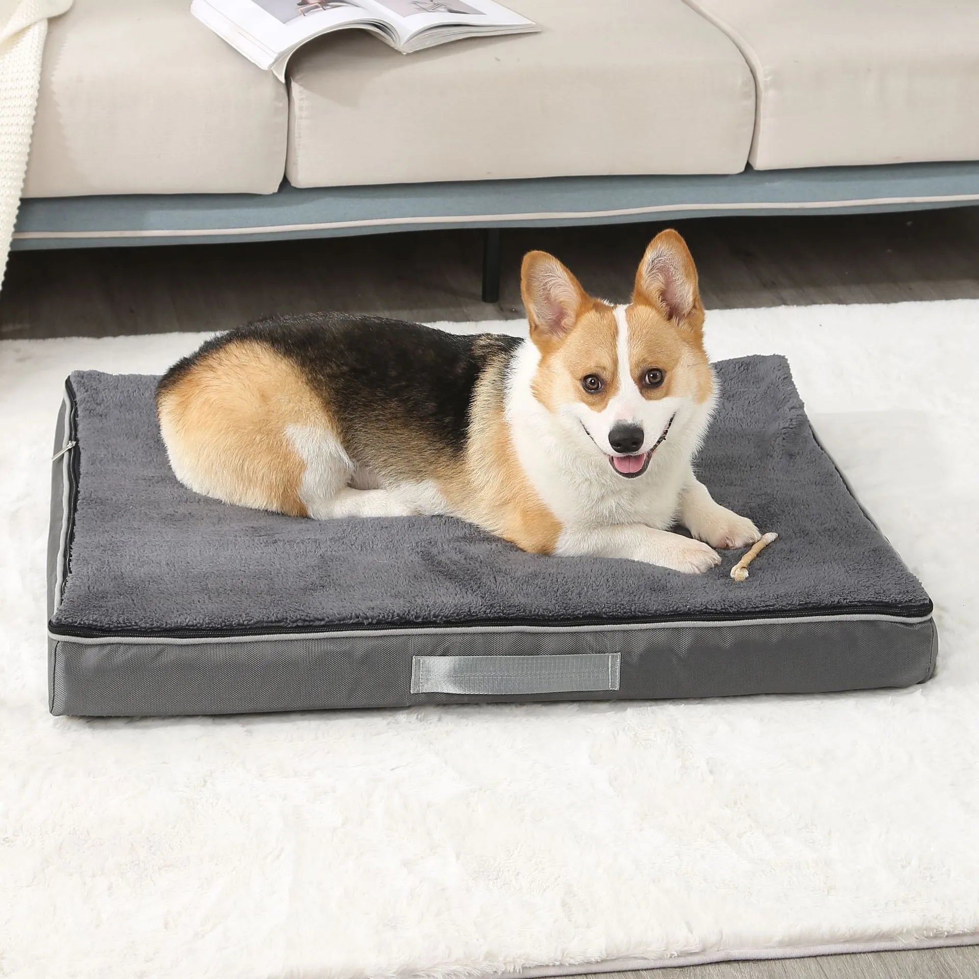Brown removable washable memory sponge dog mat measuring 100x75x10cm on a wooden floor.