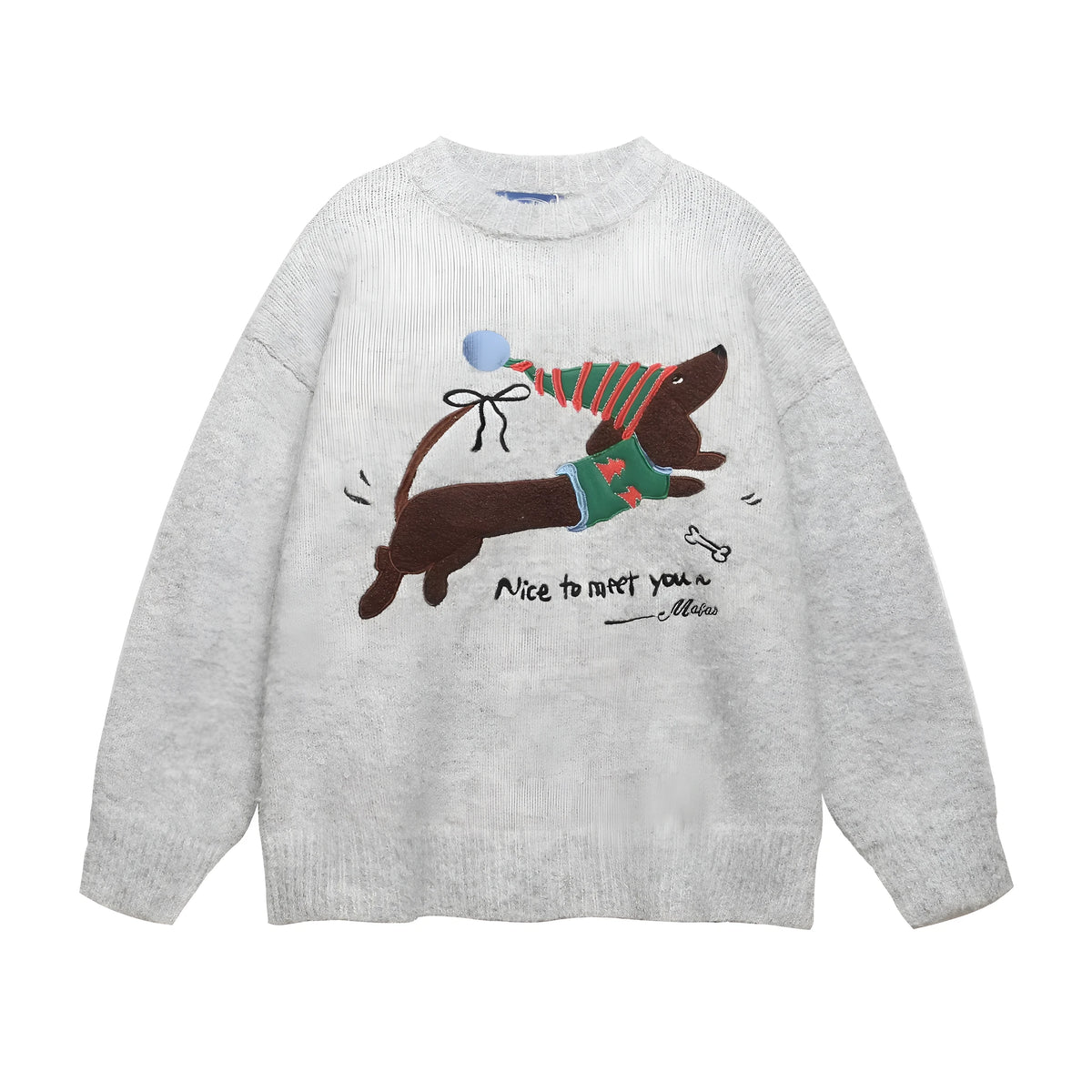 Gray American retro round neck sweater with Christmas hat puppy embroidery design for teenagers, loose fit, polyester fabric
