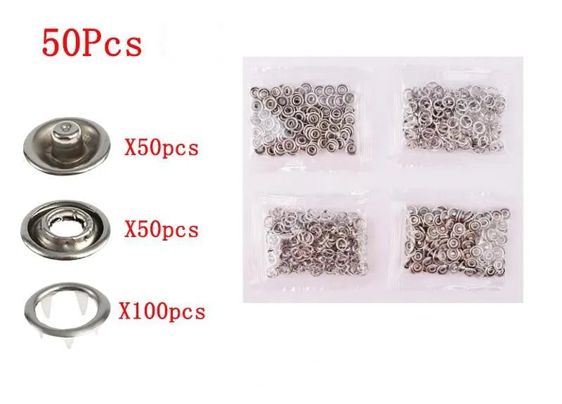 Stainless steel five-claw no-sew buttons and pliers for children's clothing.