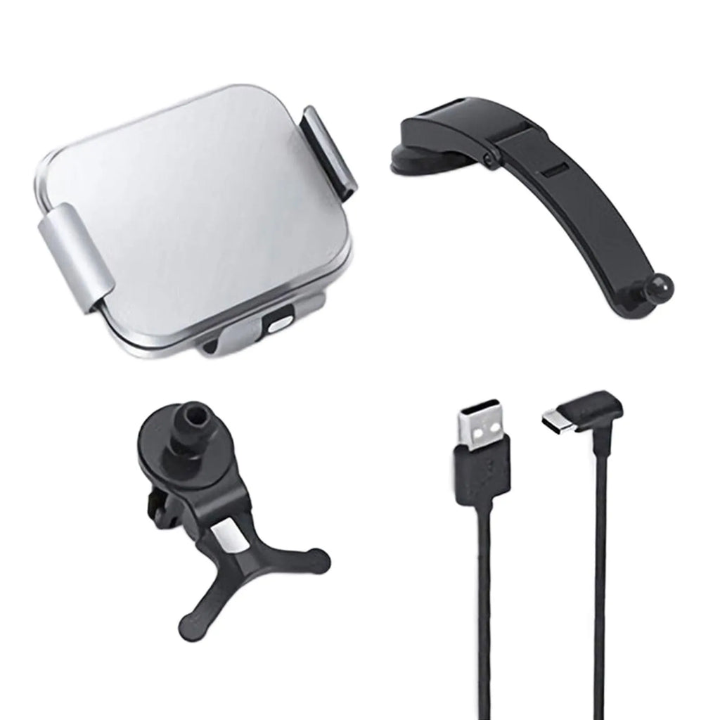 Grey and white wireless charging car phone holder with folding screen, showing air conditioner clip and suction cup bracket accessories.