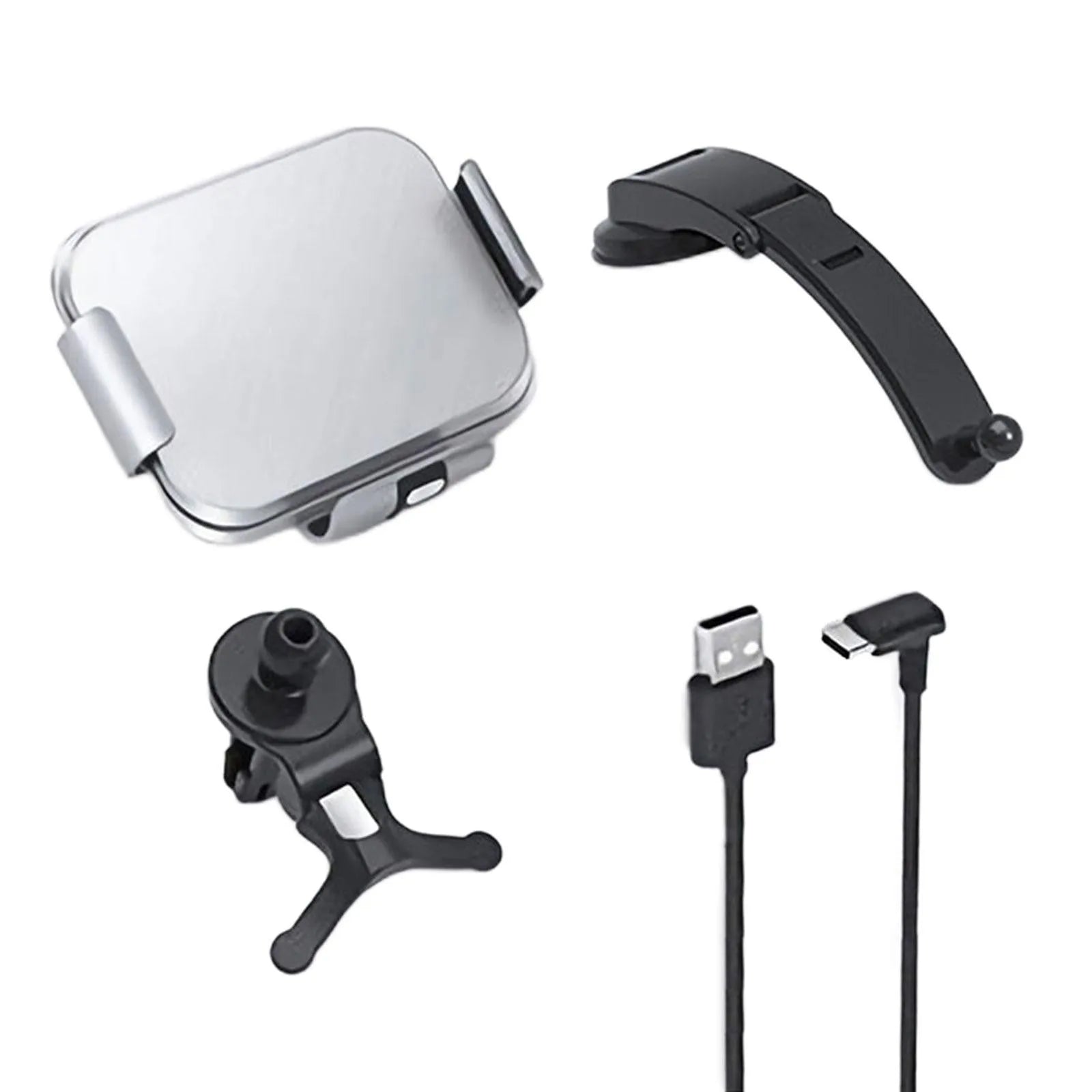 Grey and white wireless charging car phone holder with folding screen, showing air conditioner clip and suction cup bracket accessories.