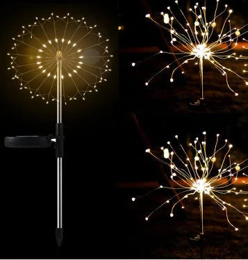 Solar-powered string lights with fireworks-inspired lighting effects, perfect for outdoor gardens, patios, and parties