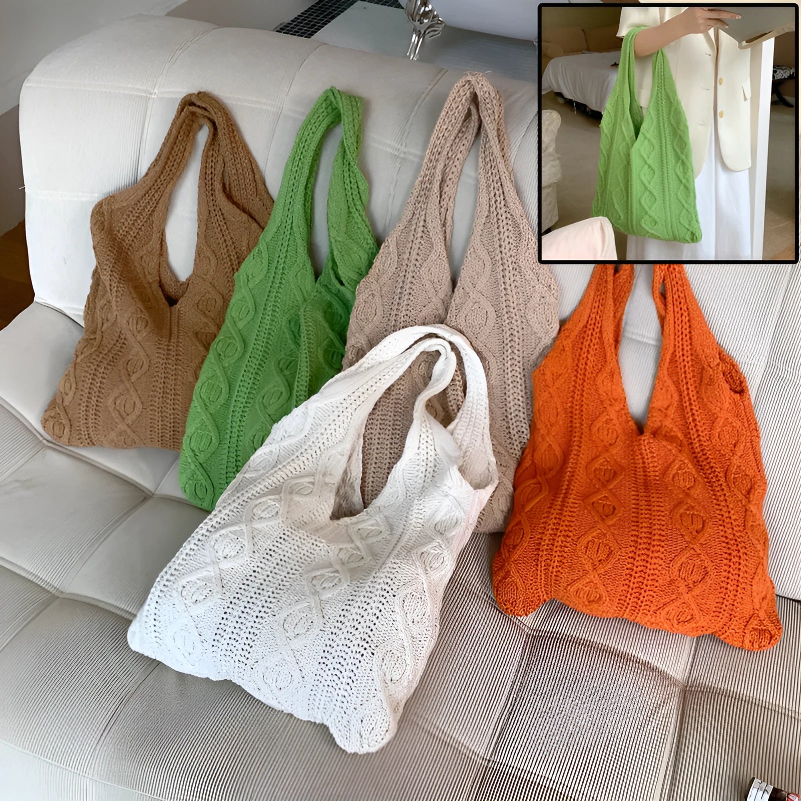 Retro hollow knitted woolen shoulder tote bag in a solid colour with double straps, shown flat displaying its large size.
