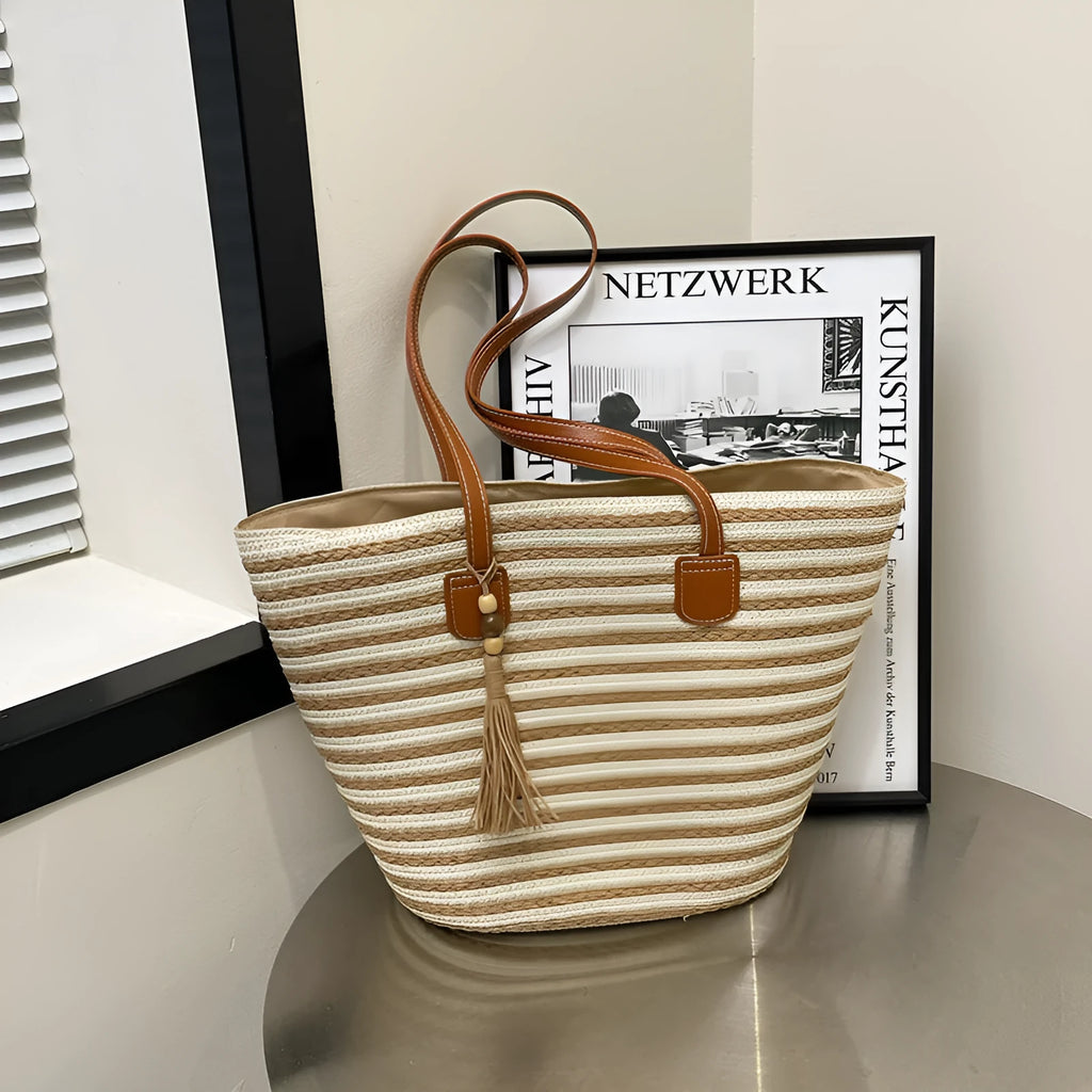 Woven large capacity women's tote bag in contrast colour with oval shape and zipper pocket