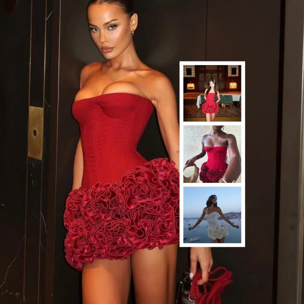 Adjustable tube top and short skirt set in cotton for nightclub outings, available in red and white
