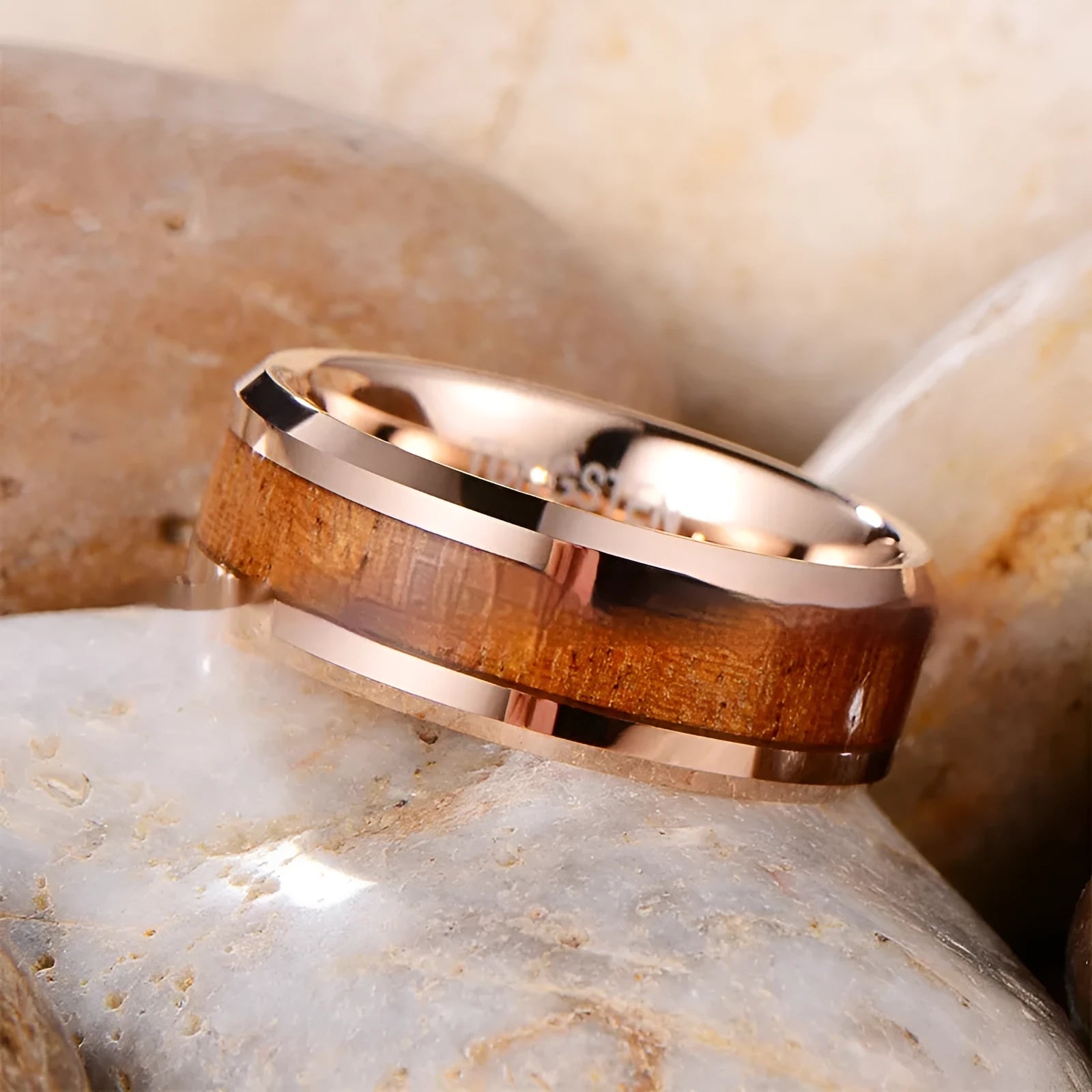 Men's Ugyen tungsten ring with 8mm wide U-shaped band in rose gold or steel colour.