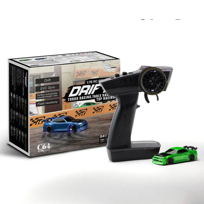 Turbo Racing C64 blue 1:76 scale drift RC car with P21-SVC radio remote control