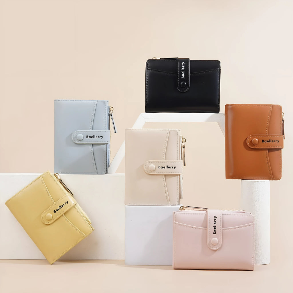 Short women's PU wallet in apricot colour showing waterproof exterior and interior polyester lining