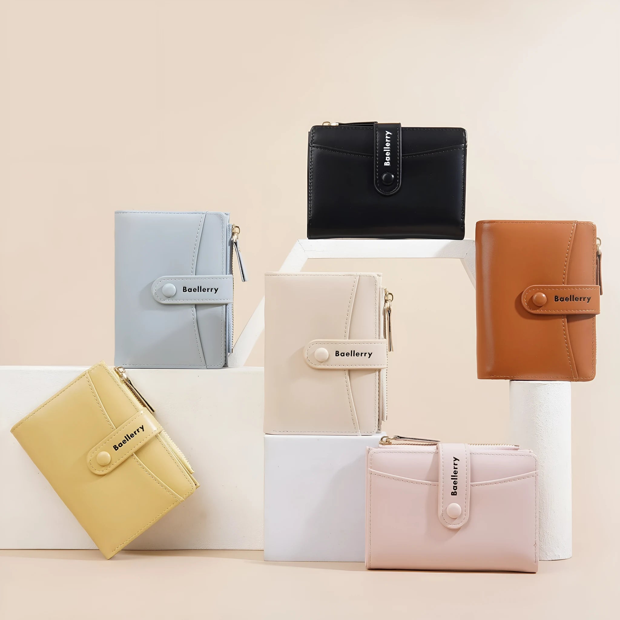 Short women's PU wallet in apricot colour showing waterproof exterior and interior polyester lining