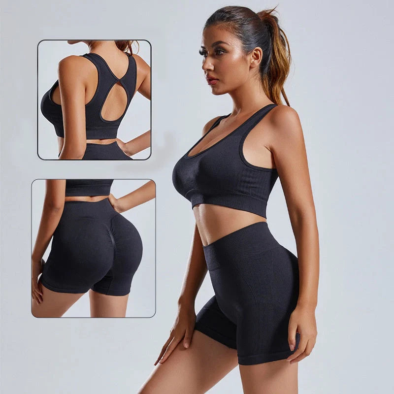 Women's seamless yoga set with high waist shorts in multiple colours