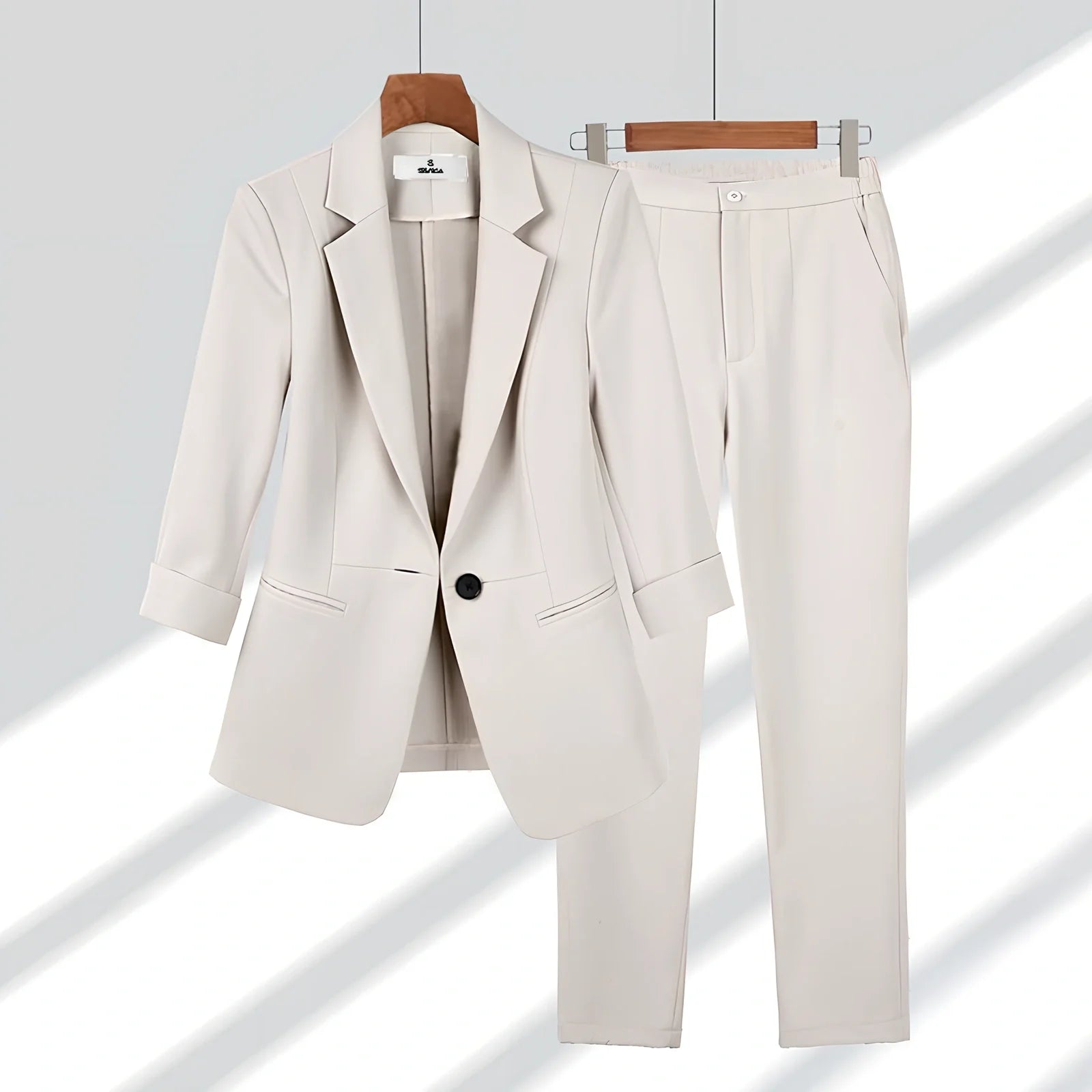 Women's beige blazer set: single-breasted lapel jacket with long sleeves and straight zipper trousers, polyester, sizes S-4XL