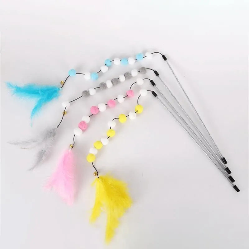 31cm long cat teaser rod with feather and bell attachment in multiple colour options