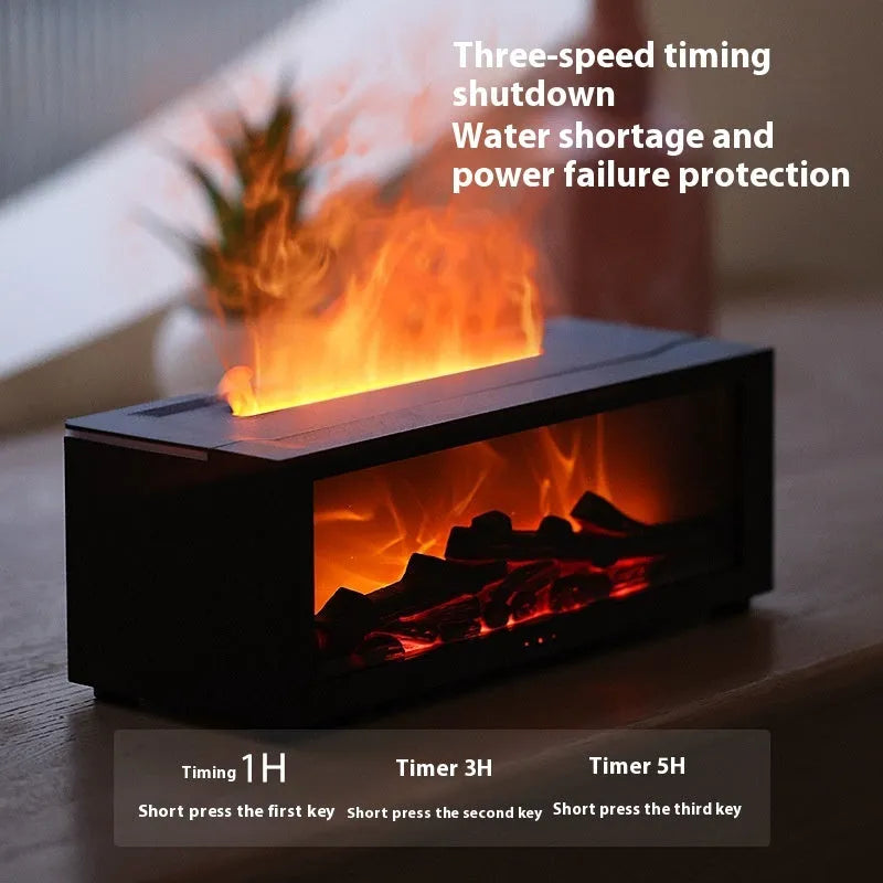 Square flame aromatherapy machine with 3D flame effect and LED lights, includes remote control