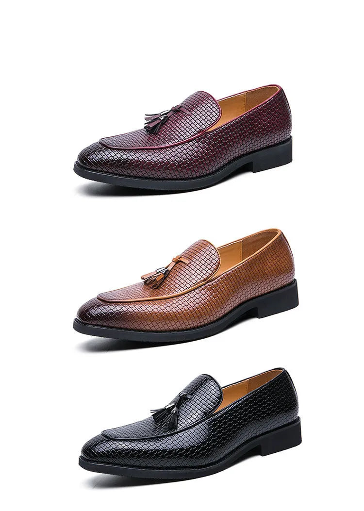 Men's black pointed slip-on shoes with tassel detail on a low-top PU upper