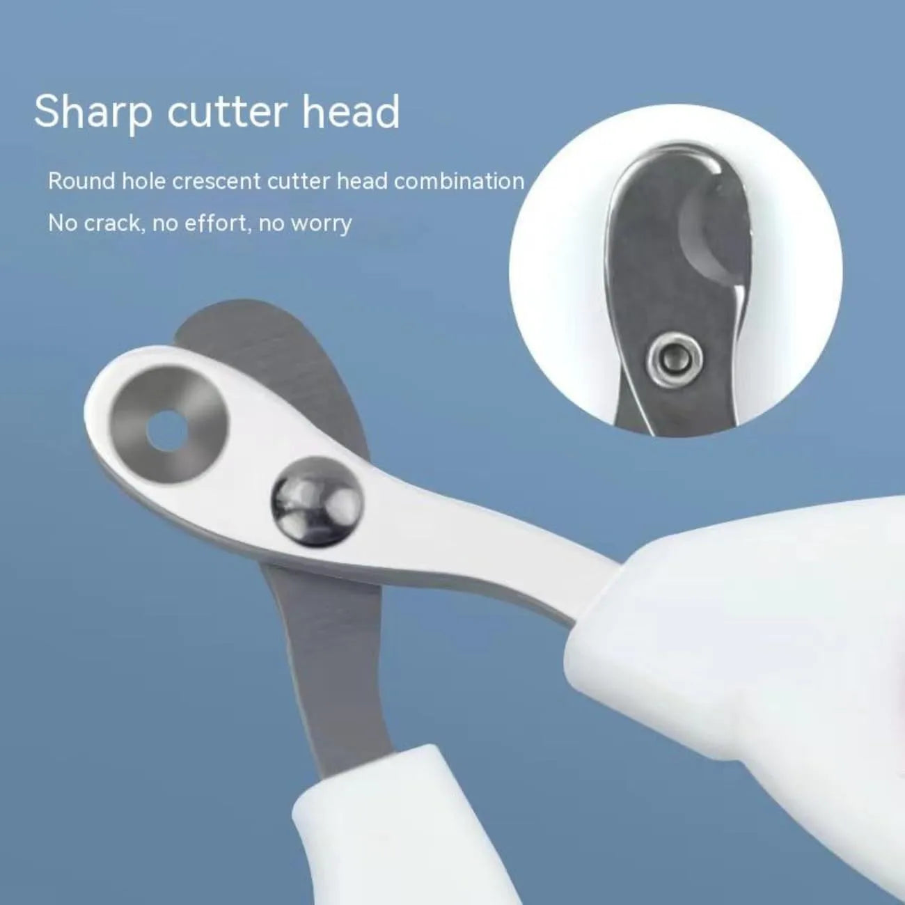 Blue pet nail clipper with circular cut hole and cushioned non-slip handle