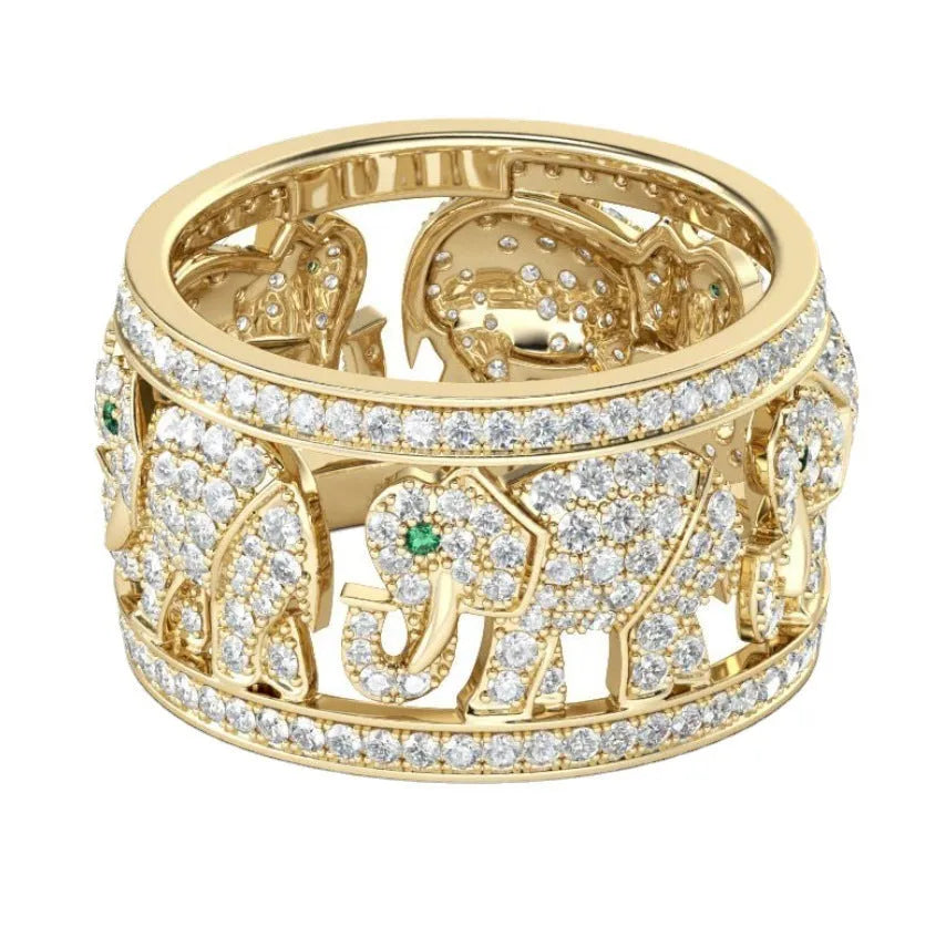 Close-up of a creative elephant design ring with a metallic electroplated finish on a model's finger.