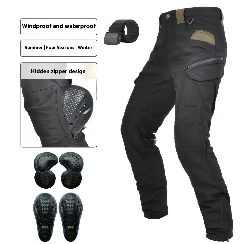 Men's waterproof black motorcycle cycling pants with detachable belt and protective knee pads on a mannequin.