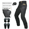 Men's waterproof black motorcycle cycling pants with detachable belt and protective knee pads on a mannequin.