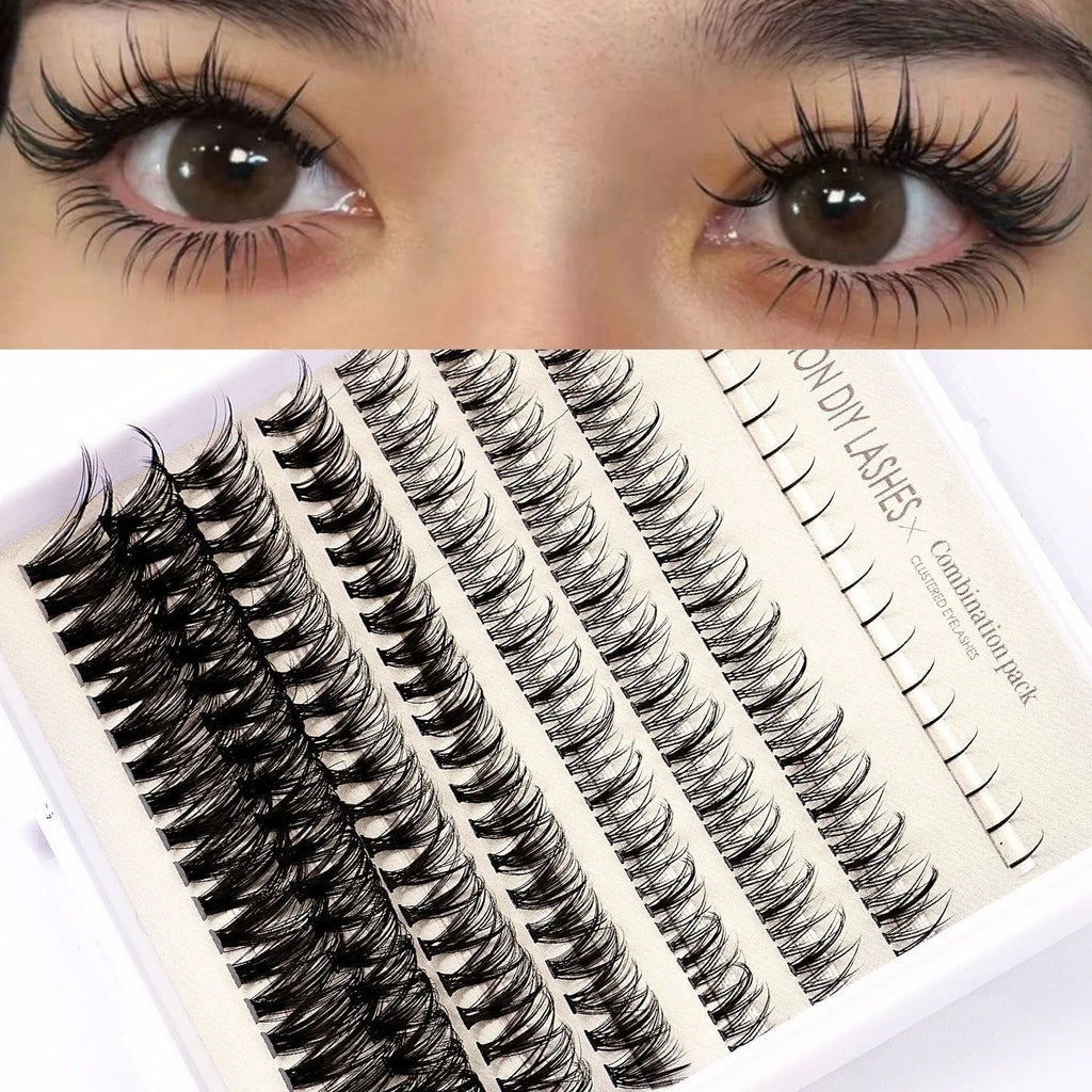 Segmented false eyelash kit with matching tweezers brushes and glue options