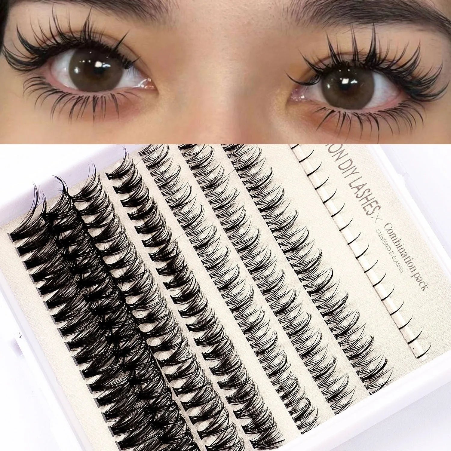 Segmented false eyelash kit with matching tweezers brushes and glue options