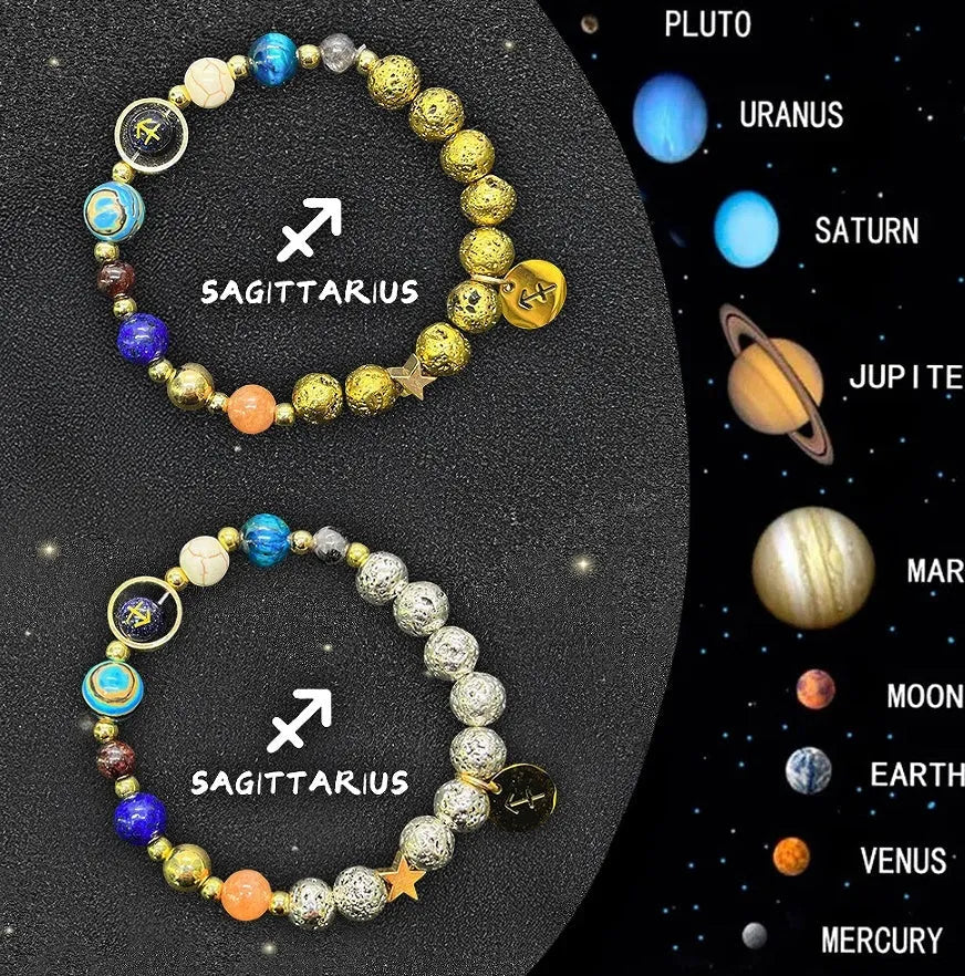 Two natural stone beaded bracelets from the twelve zodiac sign set, showing different bead colours and styles.