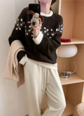 Korean style round neck jacquard colour-matched loose fit sweater in apricot, gray, and brown colourways