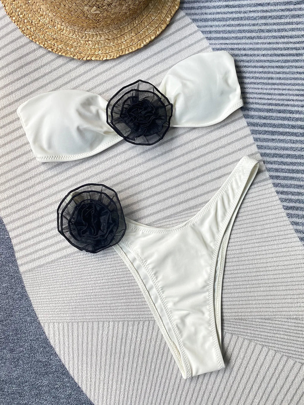 Cross-border tube top bikini with three-dimensional flower design and high-leg split shorts in polyester