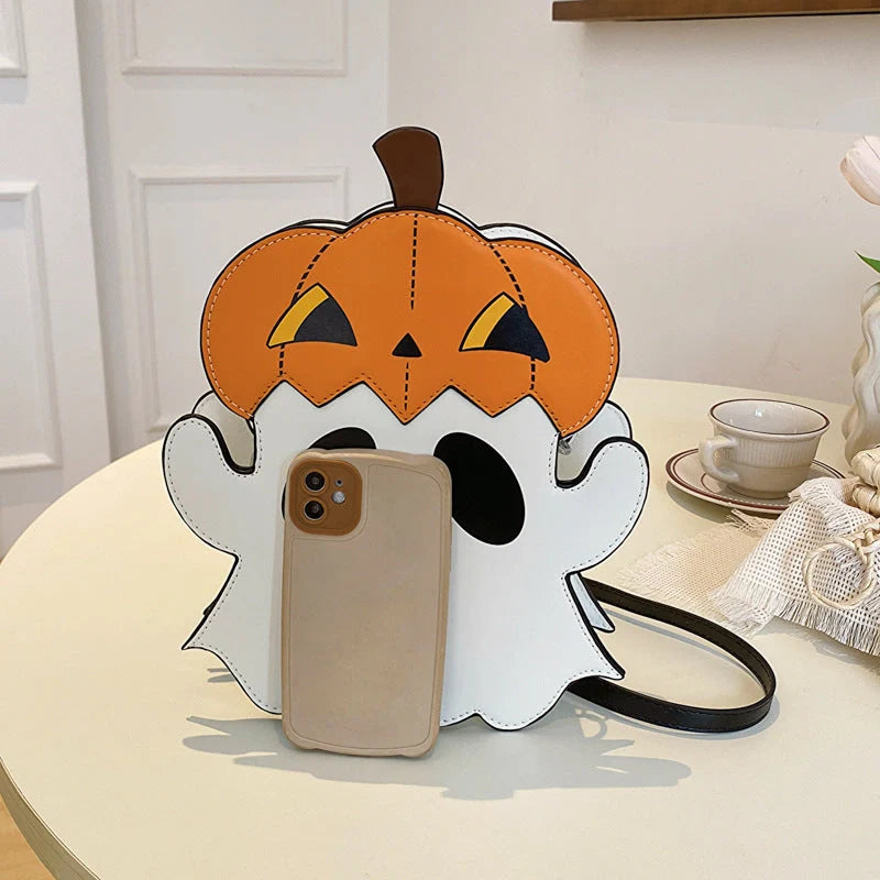 Halloween shoulder bag with 3D cartoon pumpkin ghost design in white