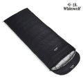 Black outdoor sleeping bag with goose down filling and durable nylon fabric.