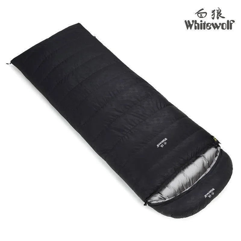 Black outdoor sleeping bag with goose down filling and durable nylon fabric.