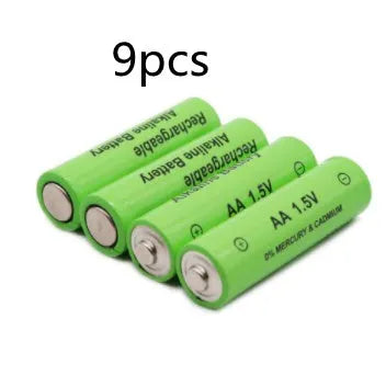 Green alkaline AA rechargeable battery with 3000mAh capacity and 1.5V rating on label.