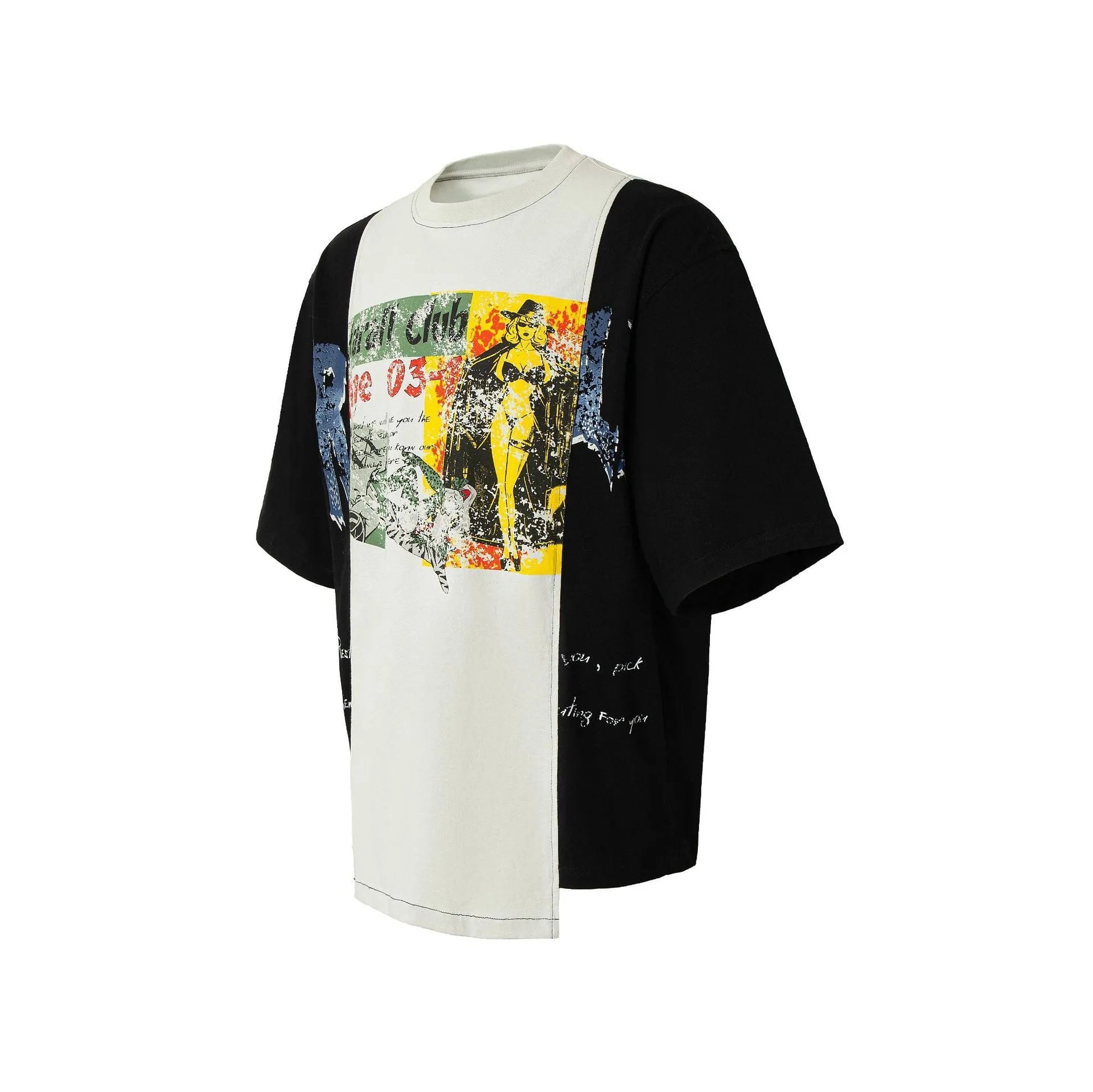 Black and white deconstruction print on a loose-fit cotton blend T-shirt with short sleeves.