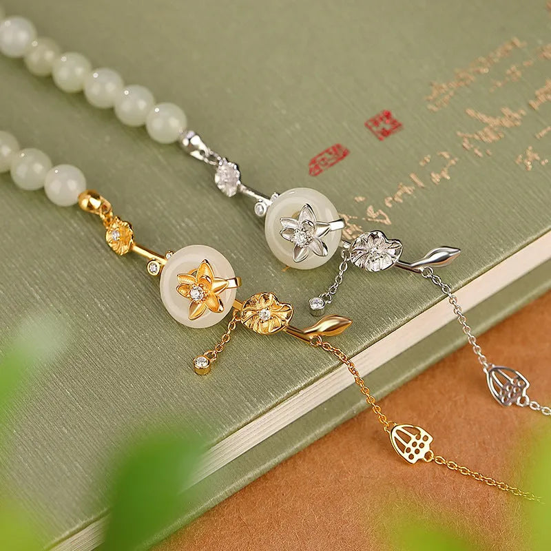 Women's Hetian jade and 925 silver peace buckle bracelet with lotus motif