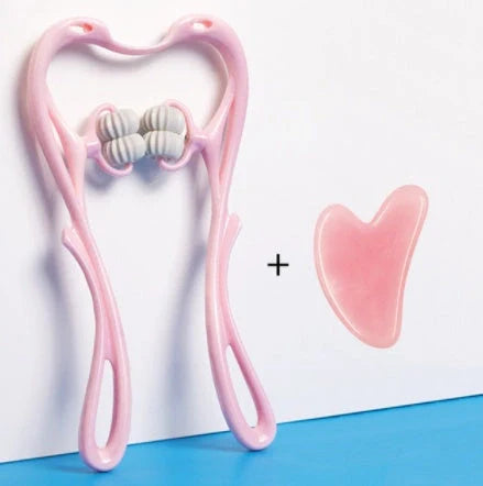 Six-wheel neck massager in blue and pink with 360° rolling balls for muscle relief