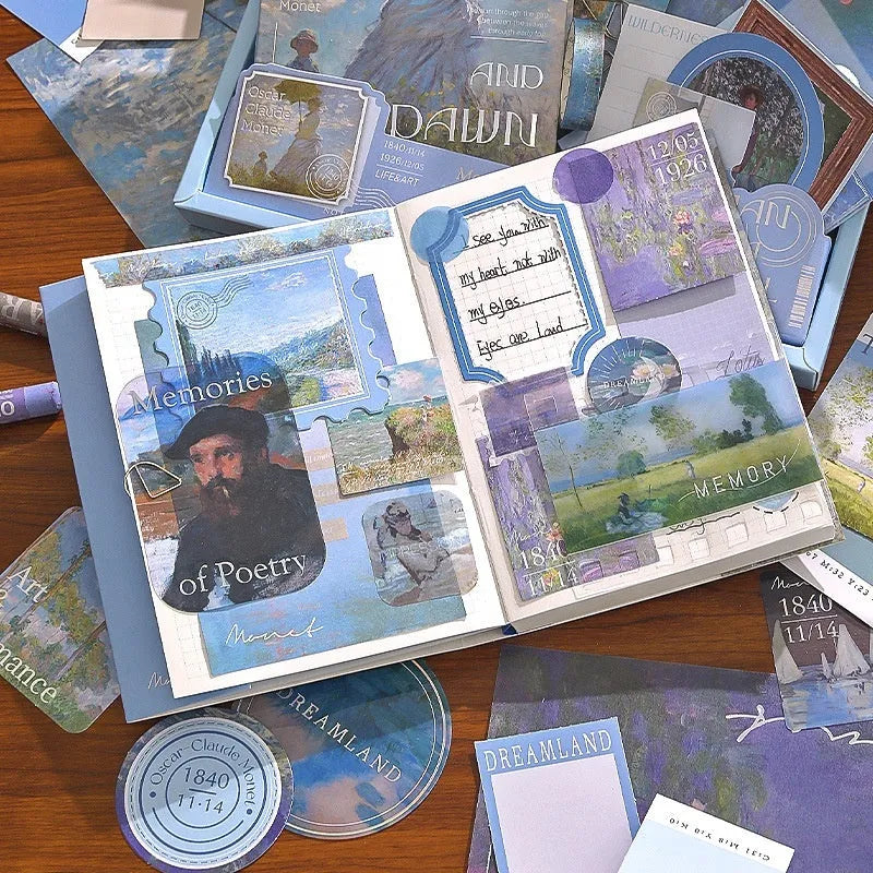 Hand Account Suit creative journal gift box showing A6 grid notebook with bookclothes and paper components including cards, photo frames, and stickers