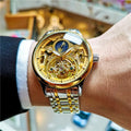 Men's luminous hollow out automatic mechanical watch with moon phase, 40mm dial, precision steel band, gold steel black face