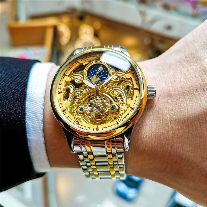 Men's luminous hollow out automatic mechanical watch with moon phase, 40mm dial, precision steel band, gold steel black face